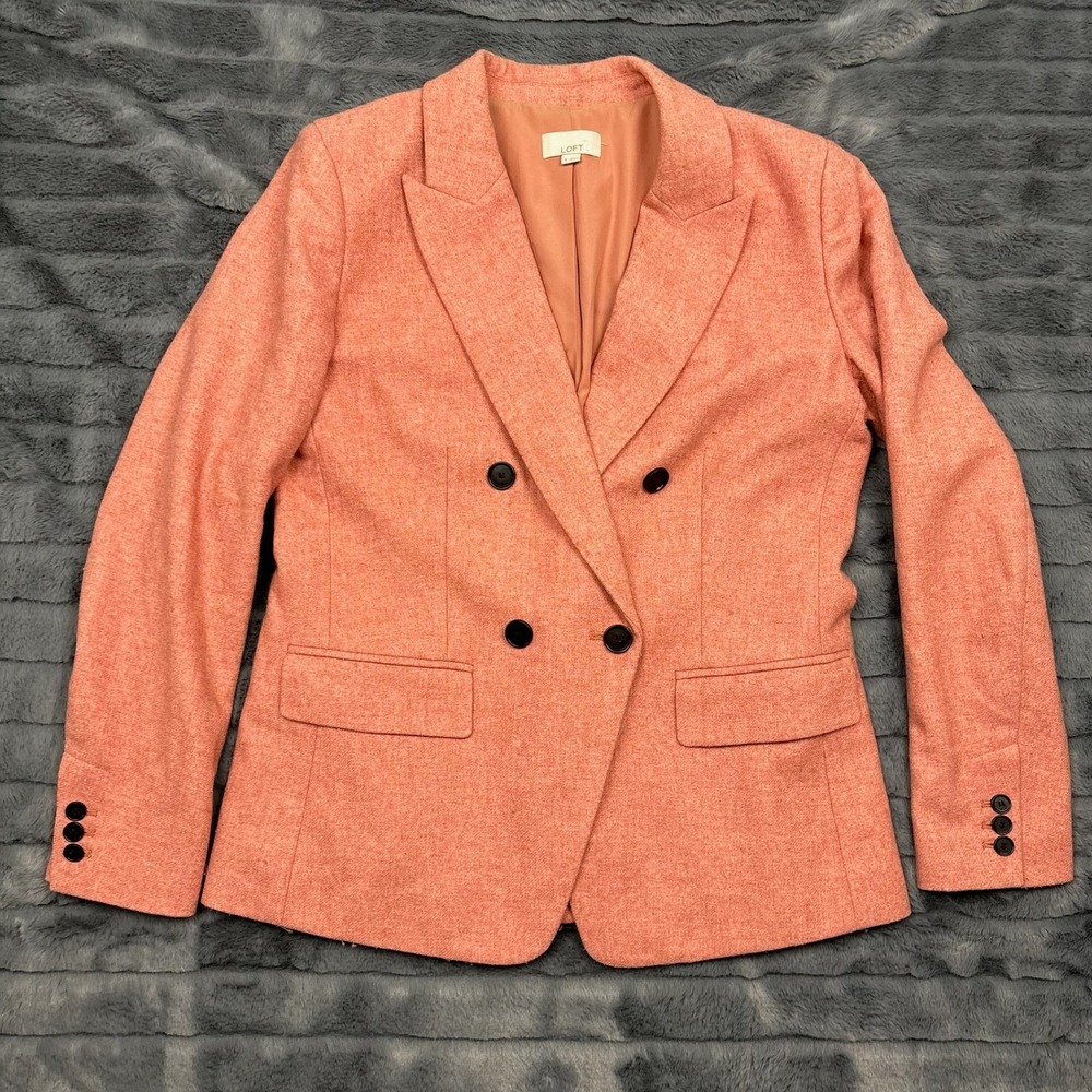 LOFT Womens Double Breasted Blazer Jacket Coral Pink Peaked Lapel Size 8
